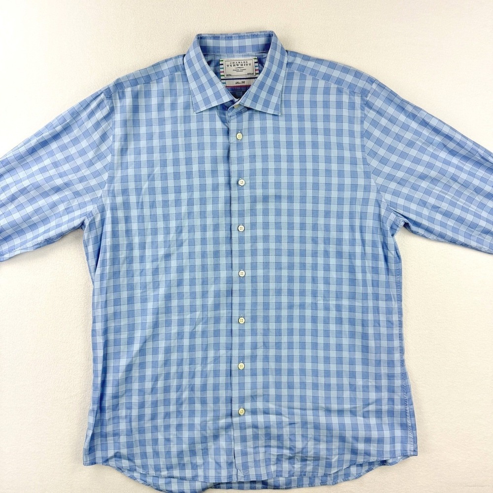 CHARLES TYRWHITT Slim Fit Blue Check Plaid Dress Shirt Size 18/37 Men LS